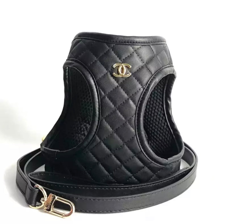 Chanel faux leather designer dog harness